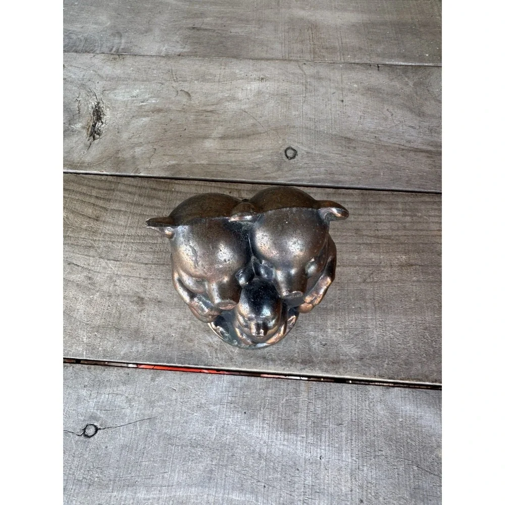 Vintage Three Little Pigs Cast Metal Piggy Bank Coin Worn Copper Tone Finish USA